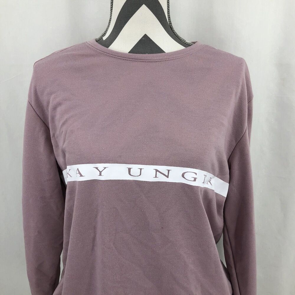 Kay Unger Mauve Spellout Logo Long Sleeve Sheer Arm Panel Sweatshirt Large NWT